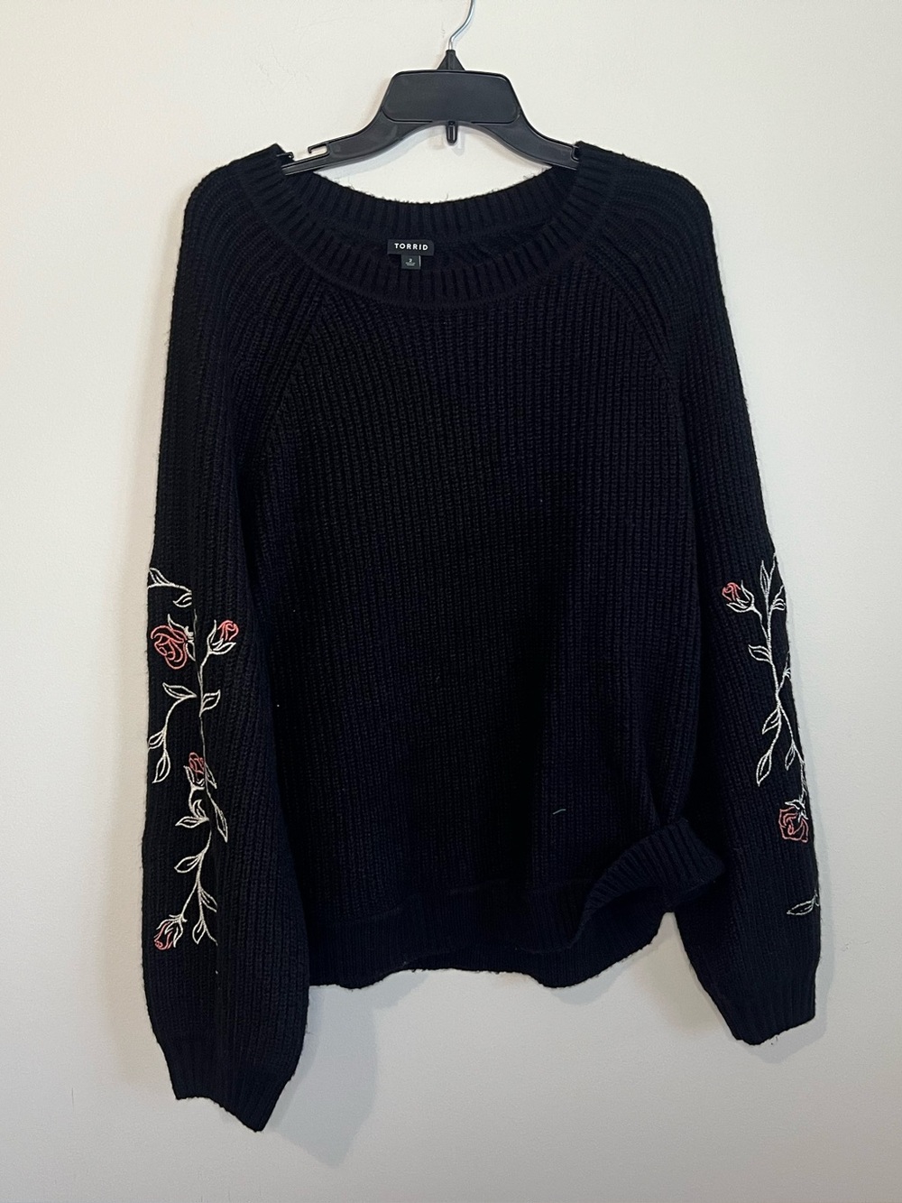 torrid Black Crewneck Sweater with Rose Sleeve Embroidery